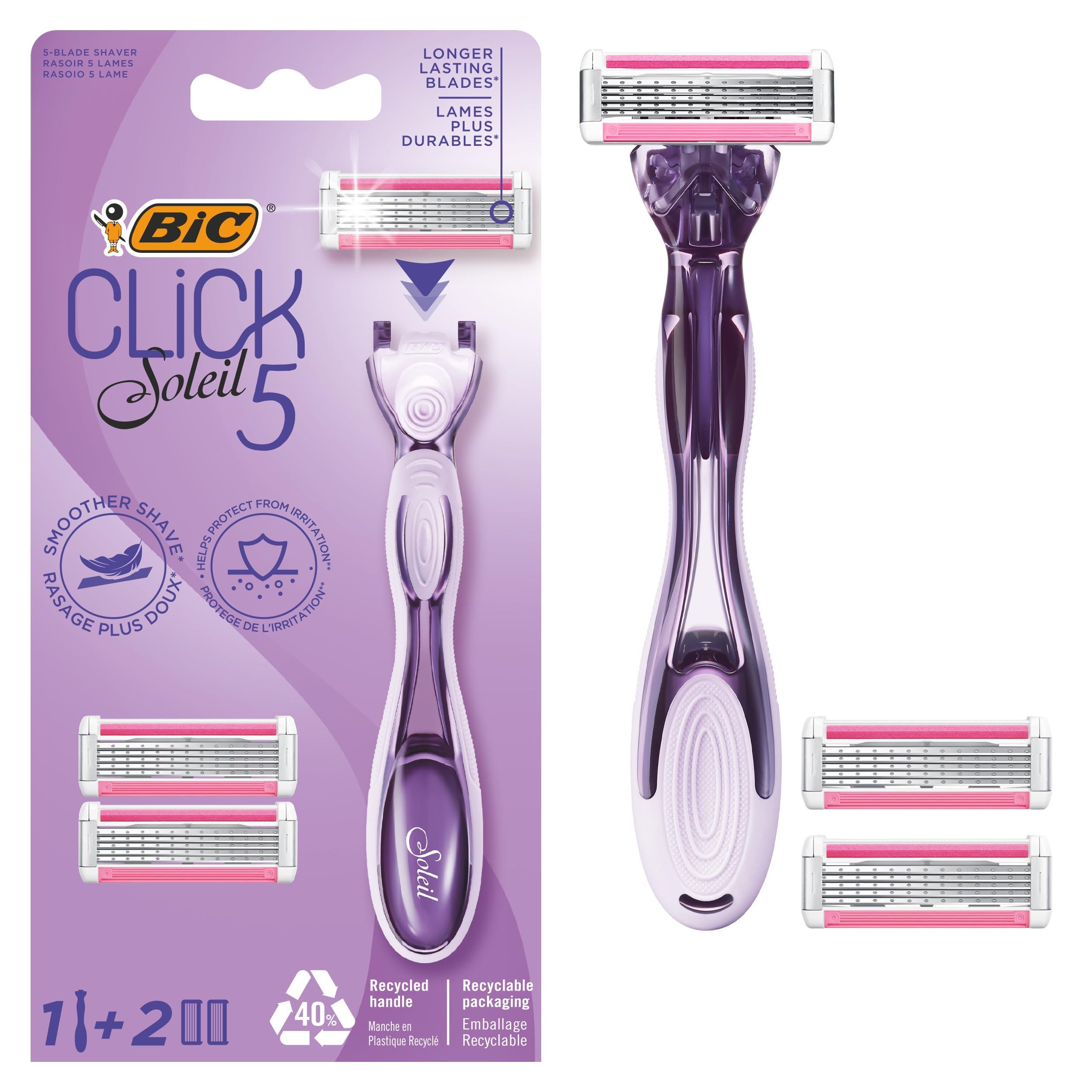 BIC Click 5 Sun Golarka akumulatorowa (5 ostrzy i głowica obrotowa) - 1 brzytwa + 2 wkłady
