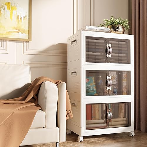 Miniatura 9 de Buytime Contenedores de almacenamiento apilables de 8.4 galones con tapa, caja de almacenamiento plegable grande con puertas y ruedas, organizadores