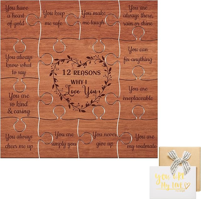 12 Reasons Why I Love You Puzzle Pieces Wooden Set I Love You for Him Her from Boyfriend Girlfriend You Are My Love Card Envelop Bow Gift Box for Valentine Anniversary Birthday