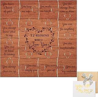 12 Reasons Why I Love You Puzzle Pieces Wooden Set I Love You for Him Her from Boyfriend Girlfriend You Are My Love Card Envelop Bow Gift Box for Valentine Anniversary Birthday