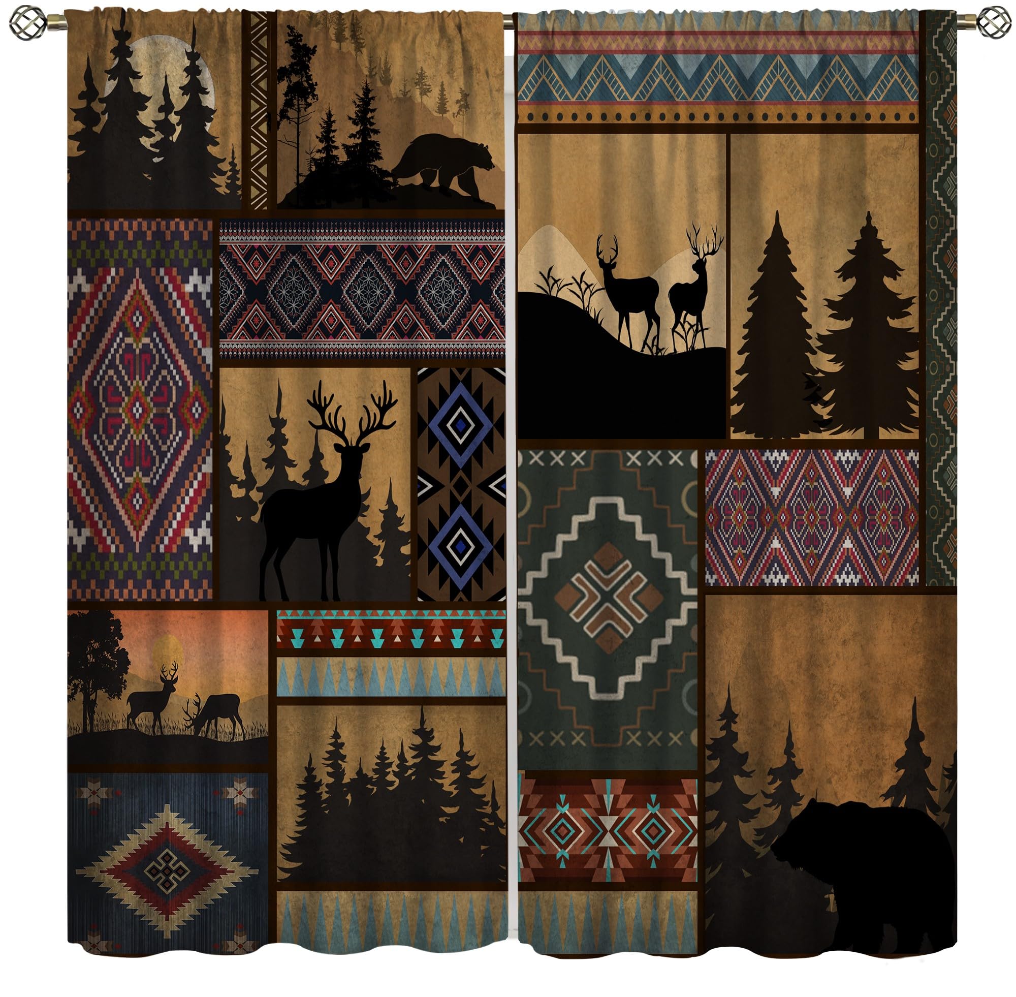 ShiTingYu Rustic Cabin Bear Aztec Curtains, Retro Brown Bear Rustic Theme Geometry Decoration for Living Room Bedroom Home 2 Panels 42x45 Inch
