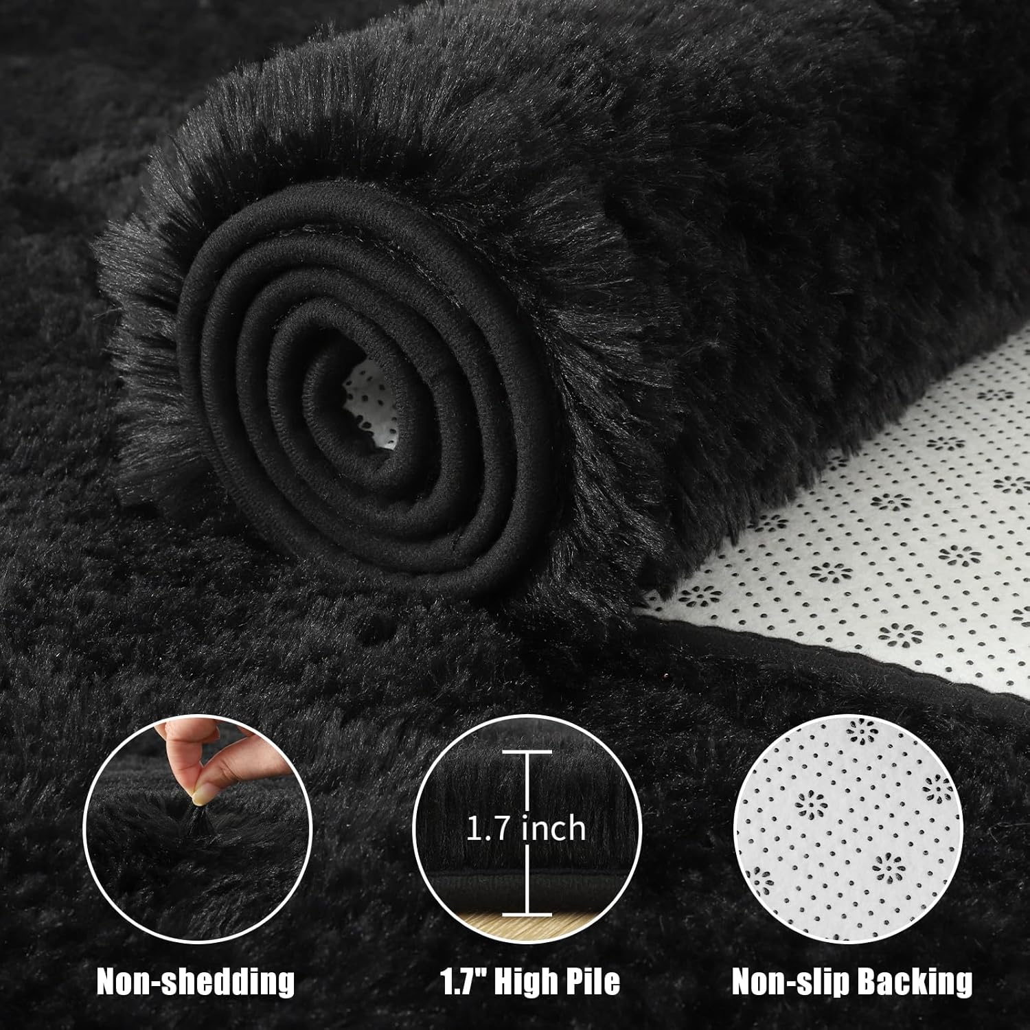 Macgace Fluffy Area Rugs for Bedroom Decor Aesthetic, 4x6 Black Shag Rug with Non-Slip Dots for Living Room, Furry Plush Mat Washable Fuzzy Carpet Modern Home Decor for Kids Nursery Boys Room