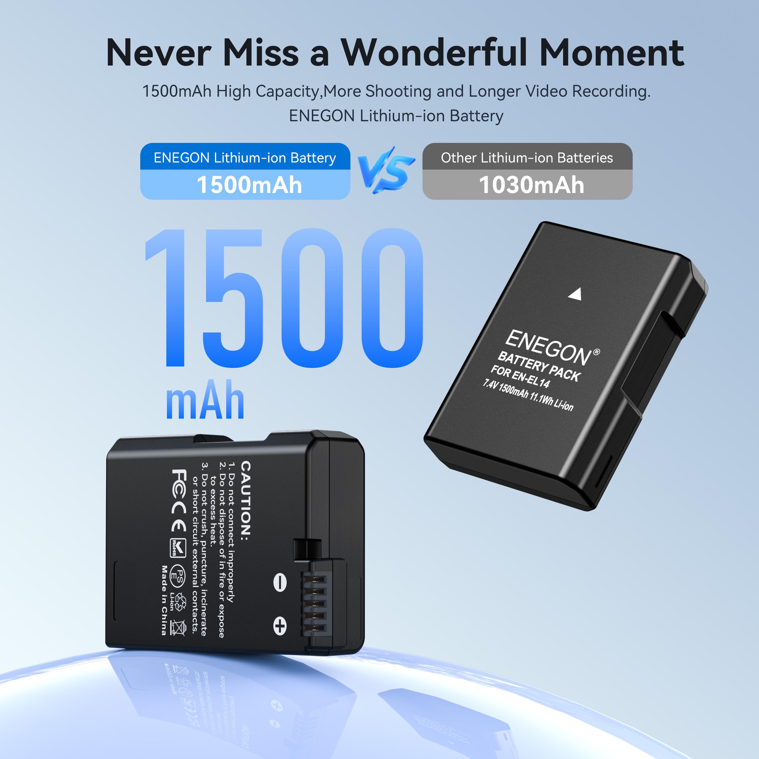 ENEGON EN-EL14 Batterie Li-ION Rechargeable pour Nikon en-el14/el14a D5600 D5100 D5200 D5300 D5500 D3100 D3200 D3300 D3400 D3500 Coolpix P7000 P7100 200P 7700 P7800 Appareil Photo numérique
