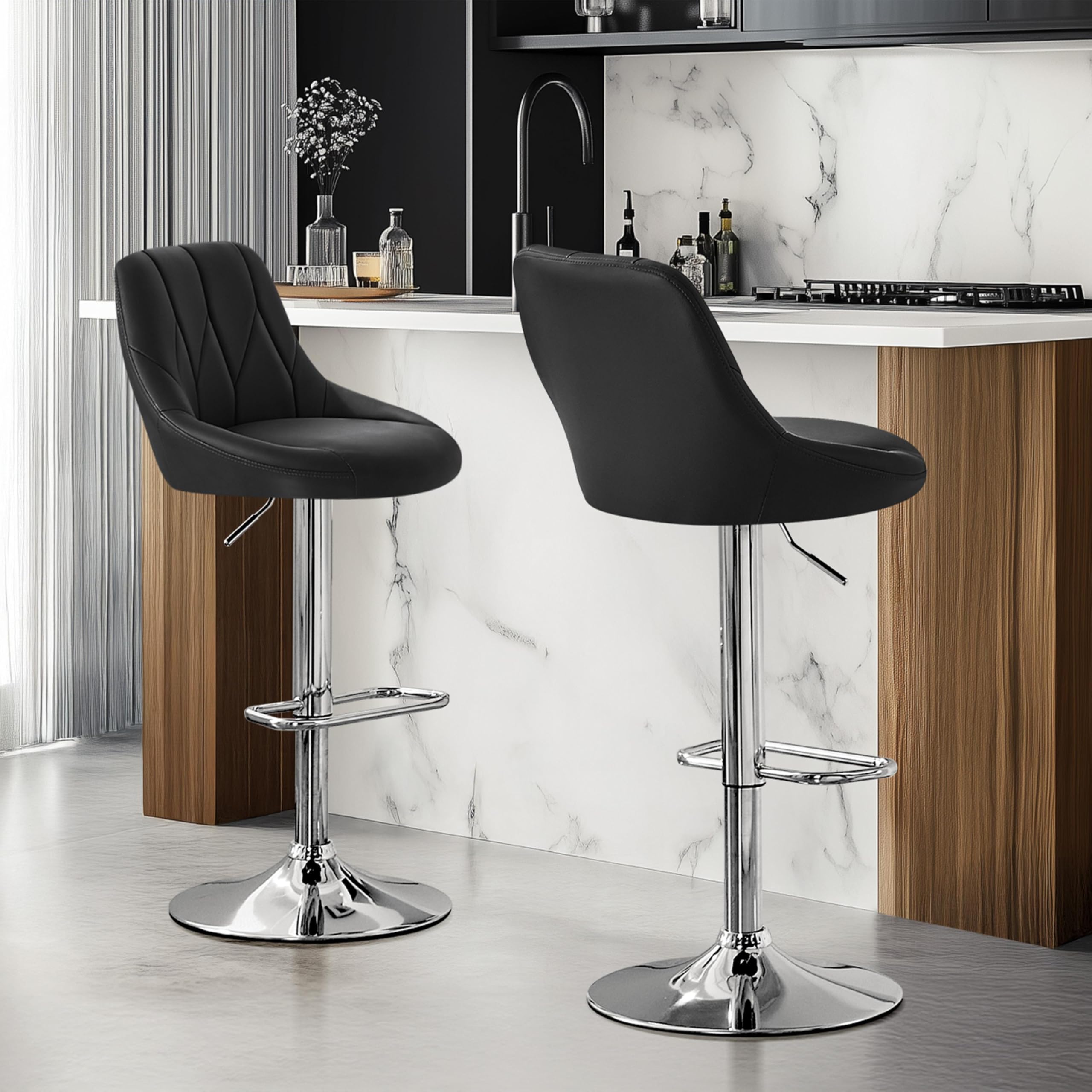 Yaheetech Juego de 1 taburete de bar regulable en altura, giratorio 360°, taburete acolchado con piel sintética para cocina, bar, salón, comedor, color negro