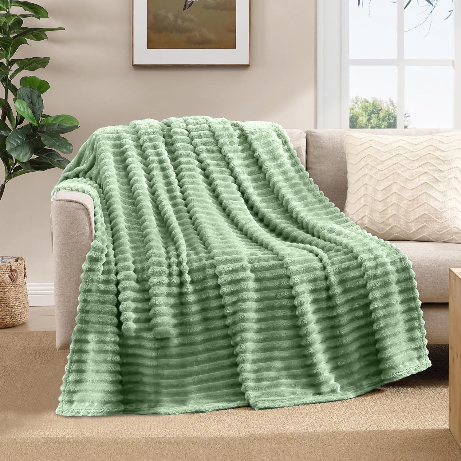 ZZZMRH Luxury Throw Blanket - Cosy Warm Throws for Sofas, Light Weight Rib Design Fluffy Fleece Blanket - Soft Throws For Sofa Large Bed Couch, Bedding - King Size 200x240cm - Green throw