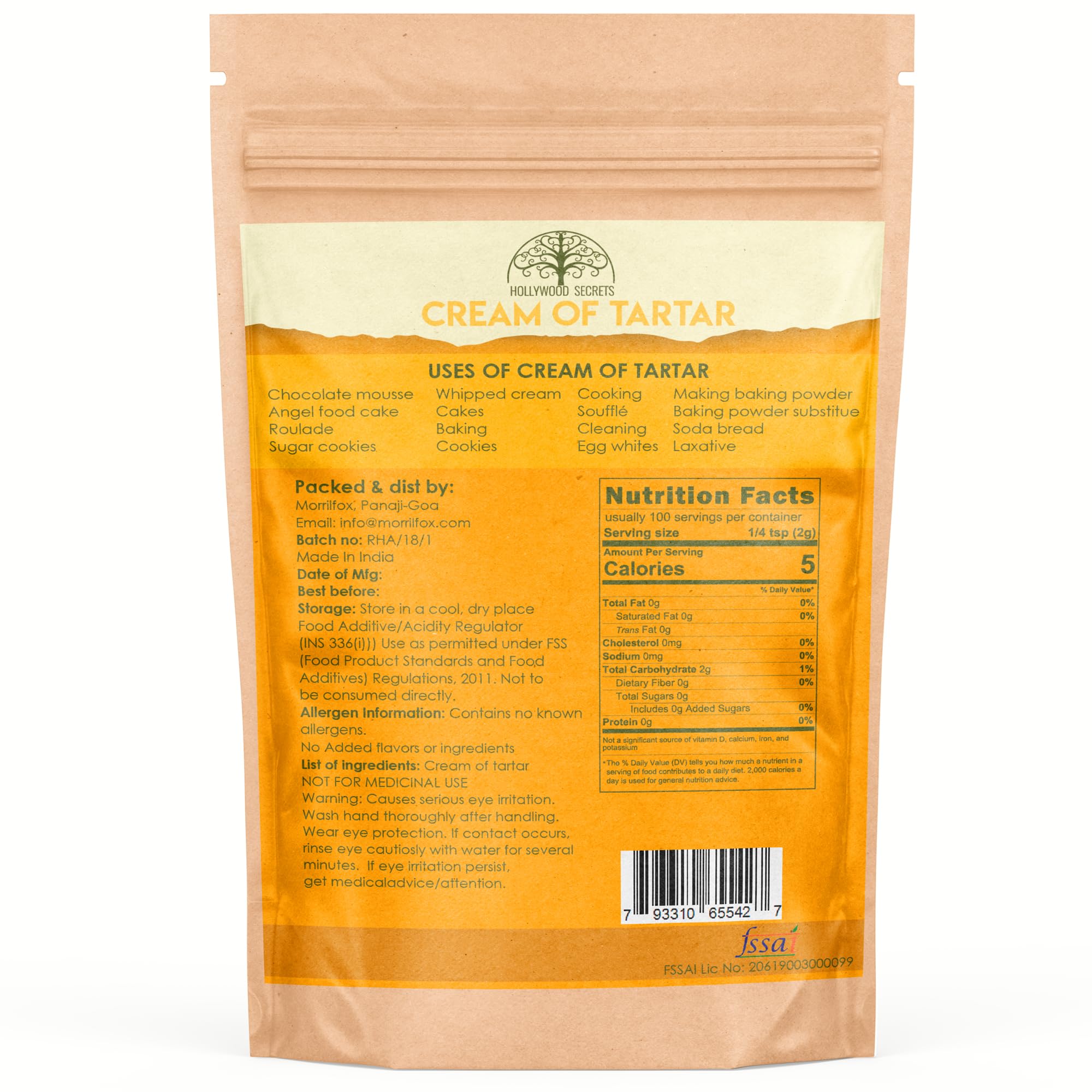 Hollywood Secrets Pure Cream Of Tartar (Potassium Bitartrate) Baking Cake 200gm
