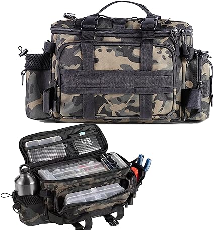 La bolsa de aparejos de pesca YUEMING es multifuncional y de gran capacidad, con múltiples compartimentos de almacenamiento y correas ajustables para un transporte versátil. Hecha de tela Oxford duradera, cuenta con un diseño práctico que incluye hebillas frontales, soporte para caña y bolsillos laterales con velcro. Tamaño: 40 * 28 * 20 cm.