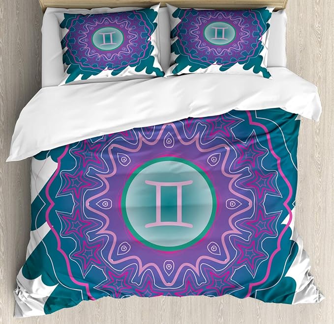 Ambesonne Zodiac Gemini Duvet Cover Set, Doodle Style Mandala Round Pattern with Cosmic Sign and Scribble, Decorative 3 Piece Bedding Set with 2 Pillow Shams, California King, Teal Pink and Green