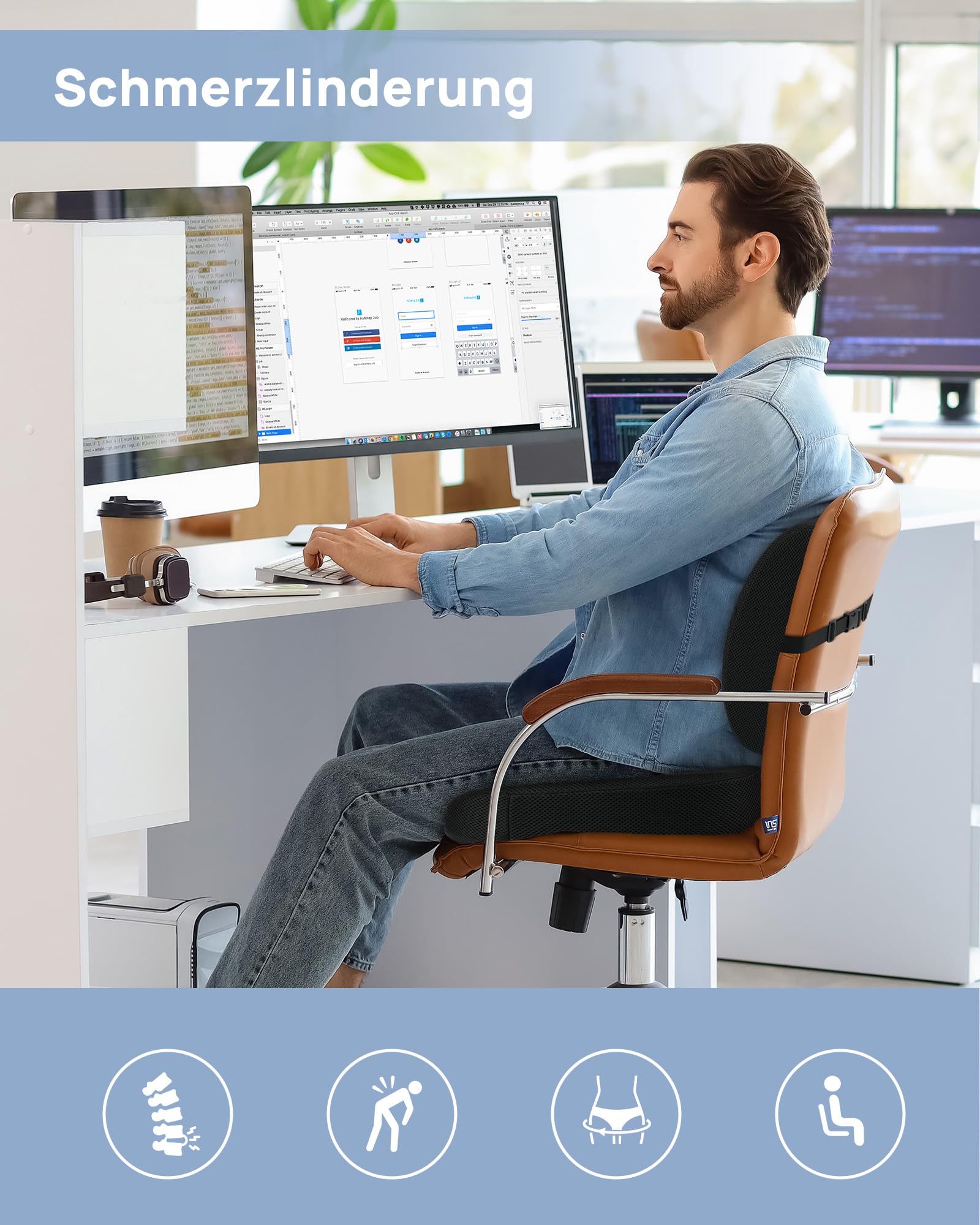 Feagar Set Cojín Coxis y Soporte Lumbar Ergonómico de Espuma Viscoelástica | Funda Transpirable Lavable, Alivio De Espalda Y Comodidad Para Silla De Oficina, Asiento De Coche, Silla De Ruedas Y Gaming