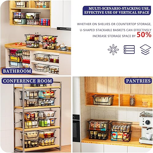 Miniatura 3 de Paquete de 4 cestas de alambre apilables a prueba de fugas mejoradas, organizadores y almacenamiento de despensa, almacenamiento de despensa, cestas