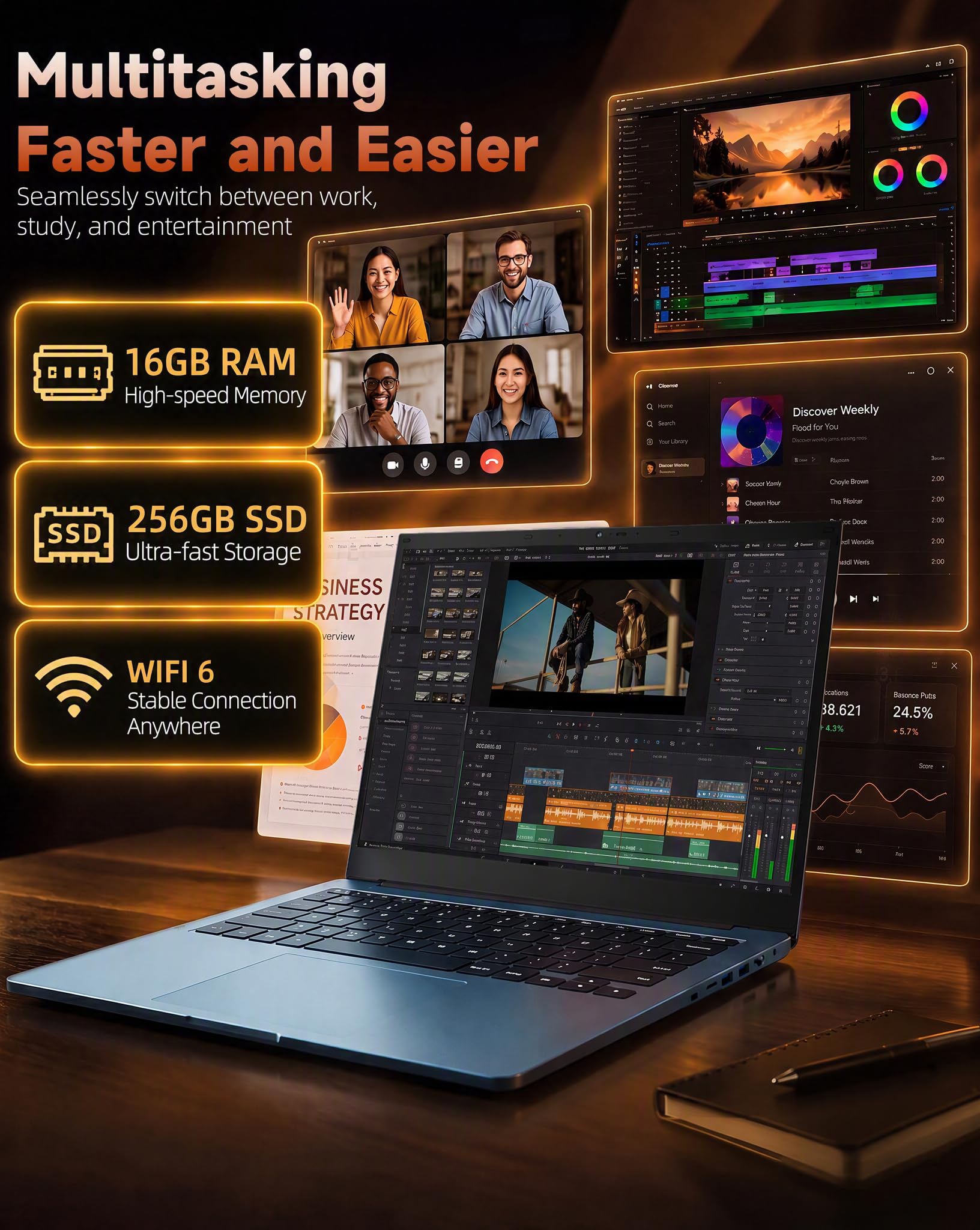 Laptop 18,5 Zoll FHD Display, 16GB RAM 256GB SSD | AI-Unterstützung, WiFi 6, Vollfunktions Type-C Deutsche Tastatur Ideal für Studium, Homeoffice und Business