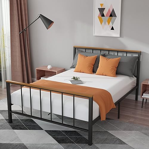 YOFE Base de cama de plataforma de metal tamaño matrimonial con cabecera y estribo no necesita somier para niños y adultos matrimonial