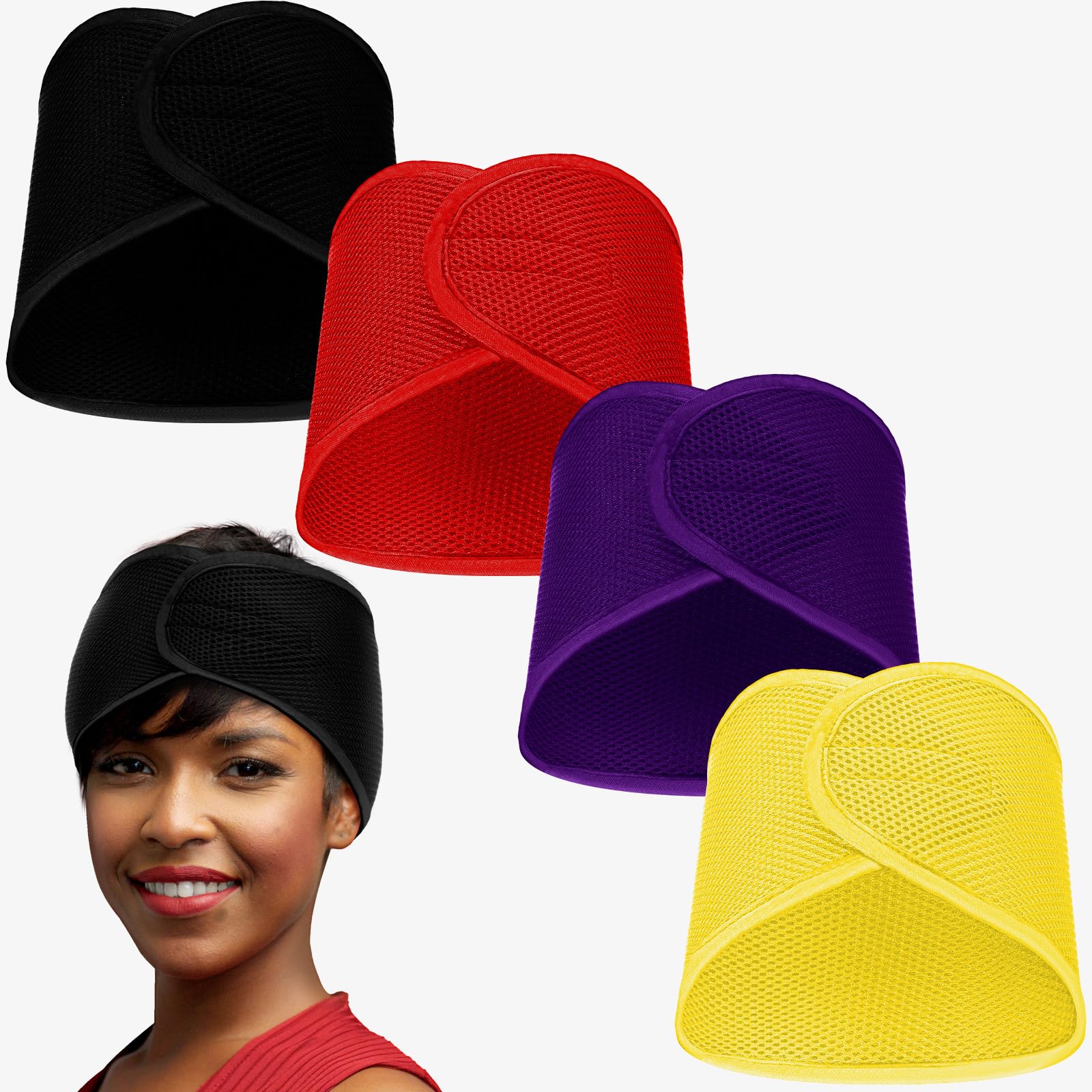 Xuhal Mesh Hair Wraps for Natural Black Hair - 4 Pieces Sleeping Cap, Spa Headbands, Hair Nets for Sleeping, Wash Face (Yellow, Black, Orange, Purple)
