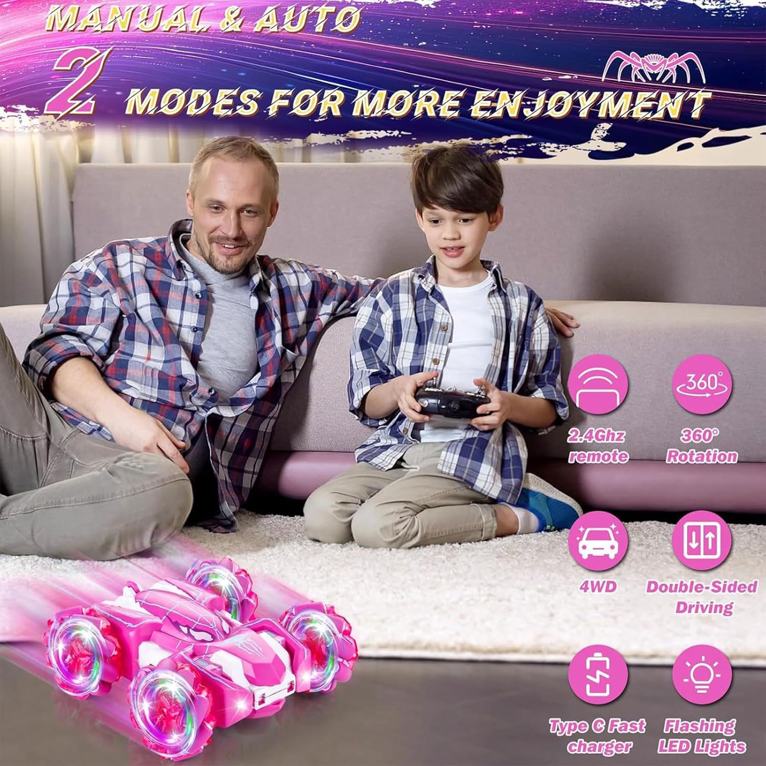 Spider Remote Control Car, Double Sided 360°Rotating USB Direct Charging RC Cars with Cool Lights, 2.4Ghz Drift RC Stunt Car, 360°Rotating 4WD Off-Road Race Toys for 4-12 Boy Girl Kids Gifts(Pink)