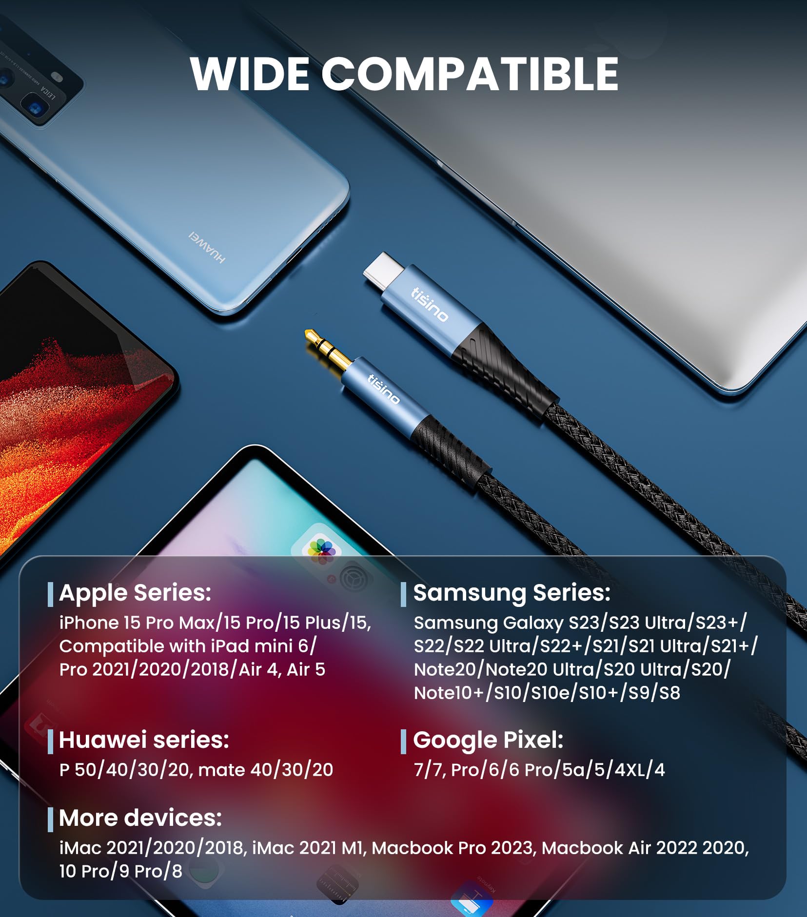 Tisino Cavo Aux 3,5mm a usb C (0,5m), cavo ausiliario per cuffie stereo Hi-Fi, compatibile con iPhone 15, 15 Pro Max Plus/Galaxy S24/S23 Ultra/iPad Pixel 9