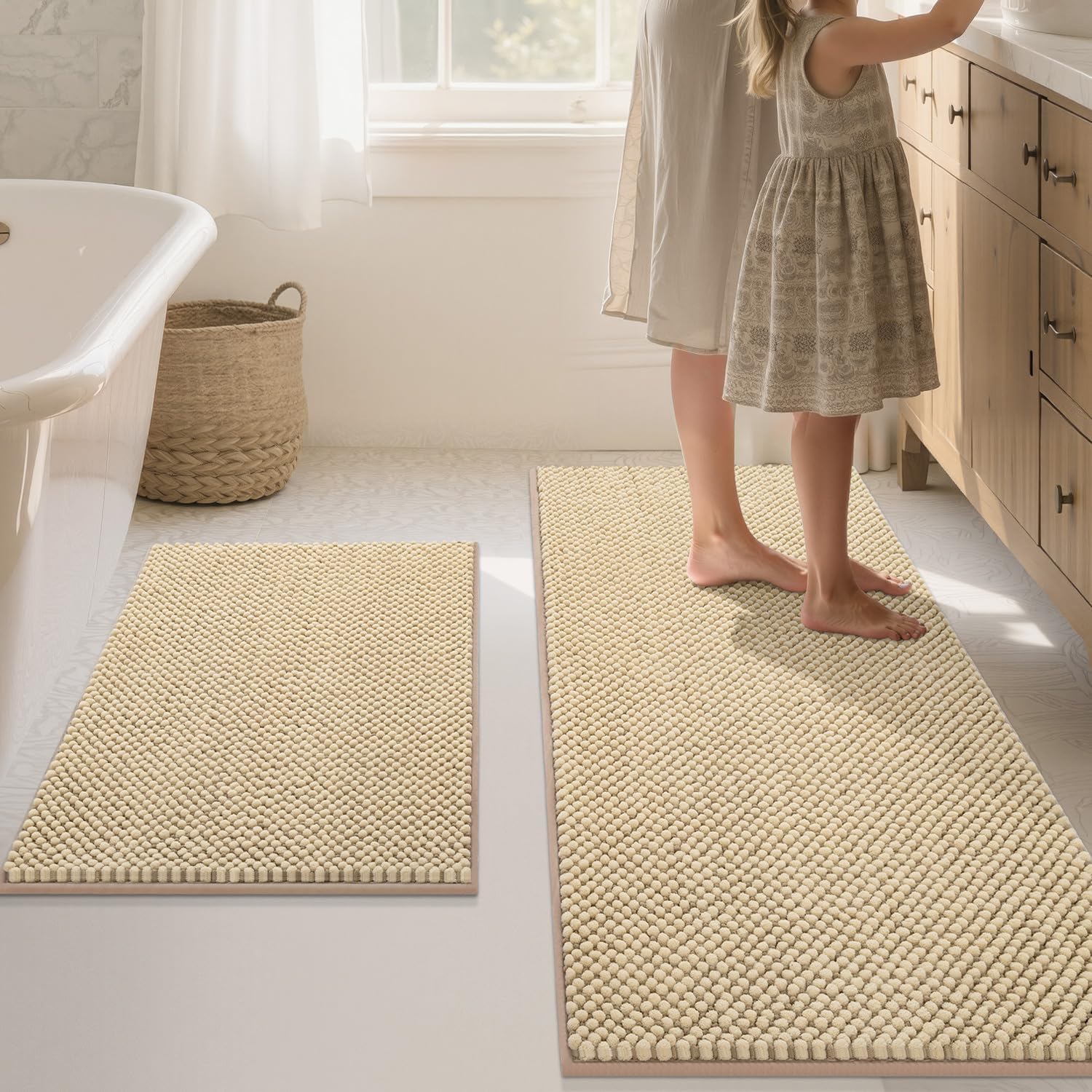 BSICPRO Bathroom Rugs Set 2 Piece-Chenille Bath Mats Non Slip-Thick Soft Absorbent Sage Bath Rug-Shower Floor Mat Machine Washable-Bathroom Decor Accessories (Olive Green, 20" x 47" Plus 20" x 32")
