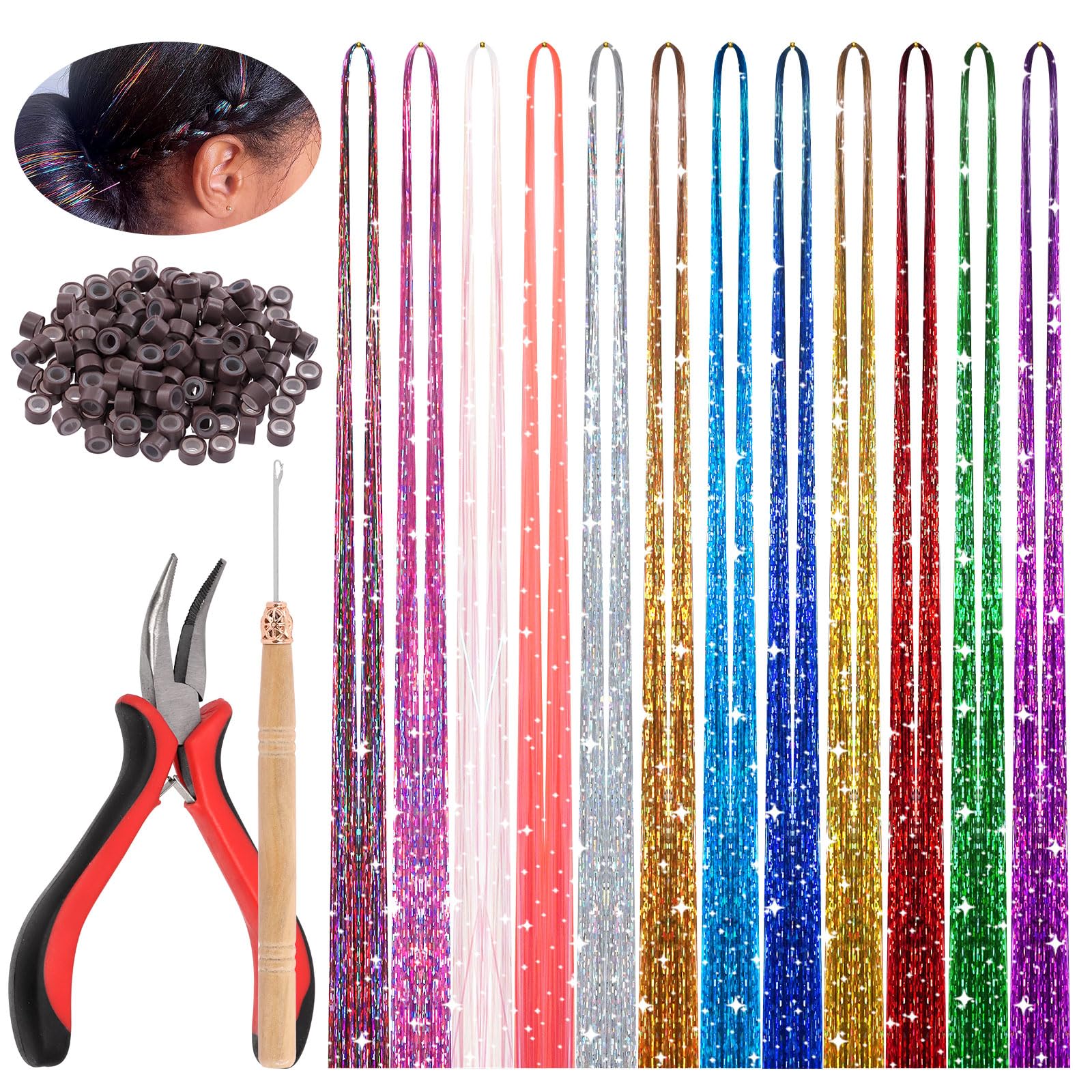 Mardatt 214pcs Hair Tinsel Kit Includes 12 Colors 2760 Strands Tinsel Hair Extensions, Silicone Link Ring Bead, Pliers, Crochet, 47 Inch Glitter Hair Tinsel Set Hair Tinsel Heat Resistant for Girls