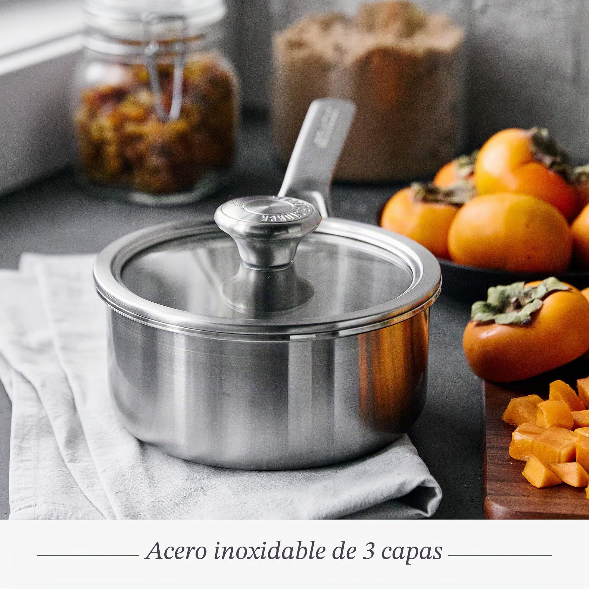 Merten & Storck, Tri-Ply 3 Cacerola de acero inoxidable con tapa de 16 cm / 1.5L, multicapa, apta para inducción, horno y lavavajillas, color plata