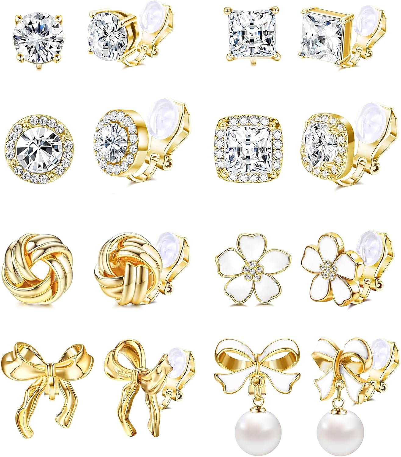 Gold Clip on Earrings Women 8 Pair Fake Earrings Non Pierced - Bow Cubic Zirconia Pearl Round Rhinestone Flower Non Pierced Earrings Silver Gold Clip Halo Earrings Clip-On Earrings Fake Earring Set