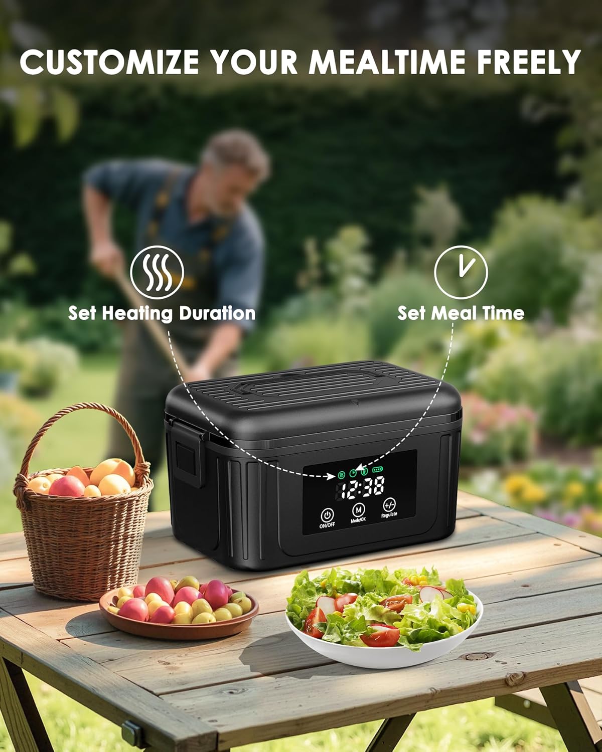 Cordless Electric Lunch Box for Adults, 1.4L Heated Lunch Box for Men with Smart Meal Scheduling & Auto Keep Warm, Portable Food Warmer for Car with Insulated Bag, Ice Pack (Meteorite Black)