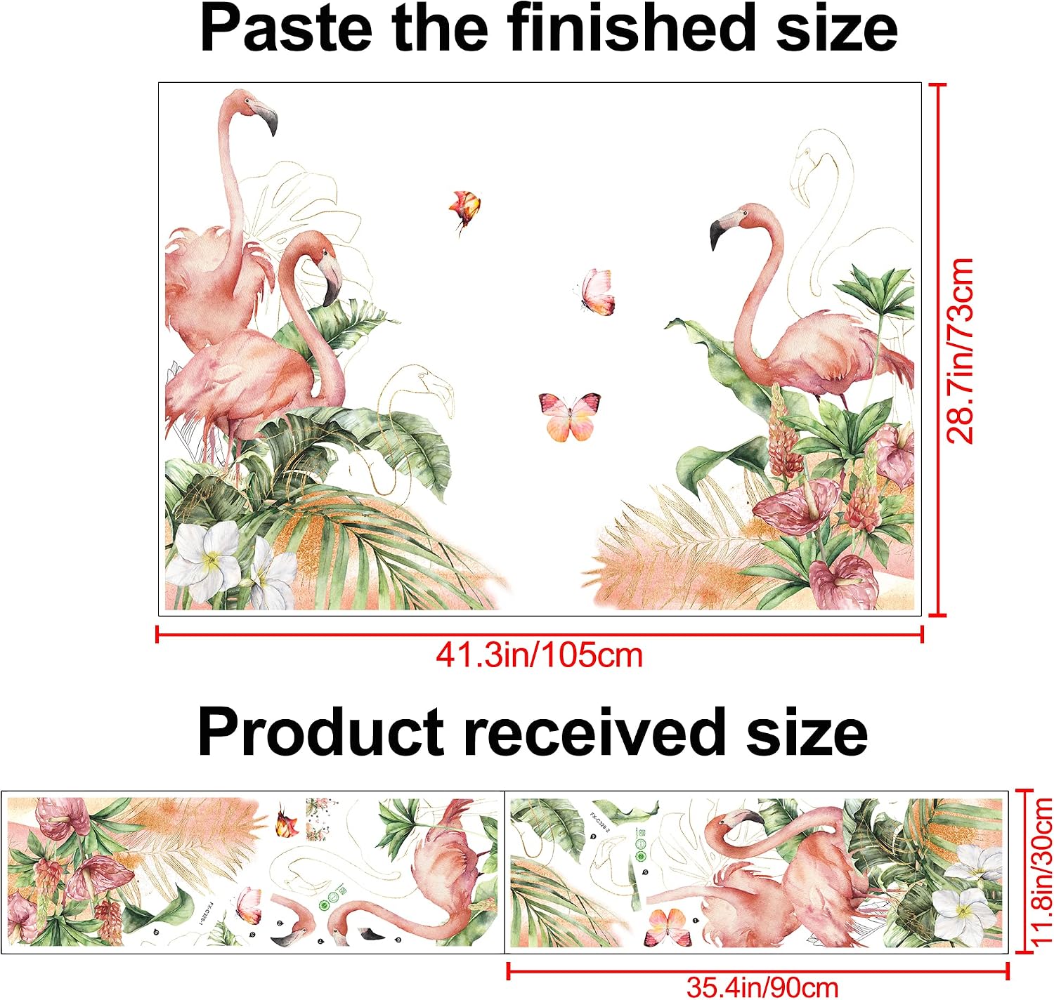 RW-C328 Pink Flamingo Wall Decals Tropical Green Plants Flowers Wall Stickers DIY Removable Flamingo Floral Butterfly Tree Leaves Wall Art Decor for Kids Girls Bedroom Living Room Nursery Decoration image 2