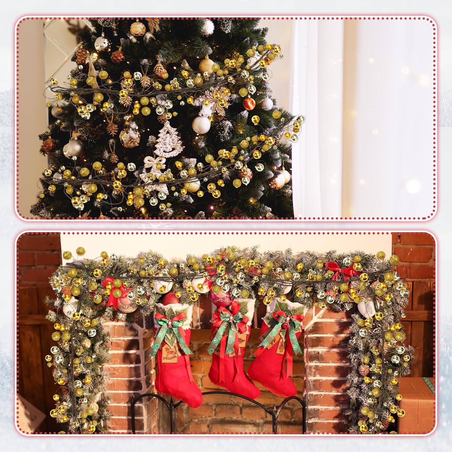 WILLBOND 9 ft Gold Assorted Christmas Ball Garland Ball Ornaments Hanging Baubles Ornament for Xmas Christmas Tree Fireplace Wreath Indoor Outdoor Home Office Decoration