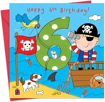 Twizler 6th Birthday Card Boy Pirate - Boys Age 6 Year Old Childrens Happy Birthday Card for Kids