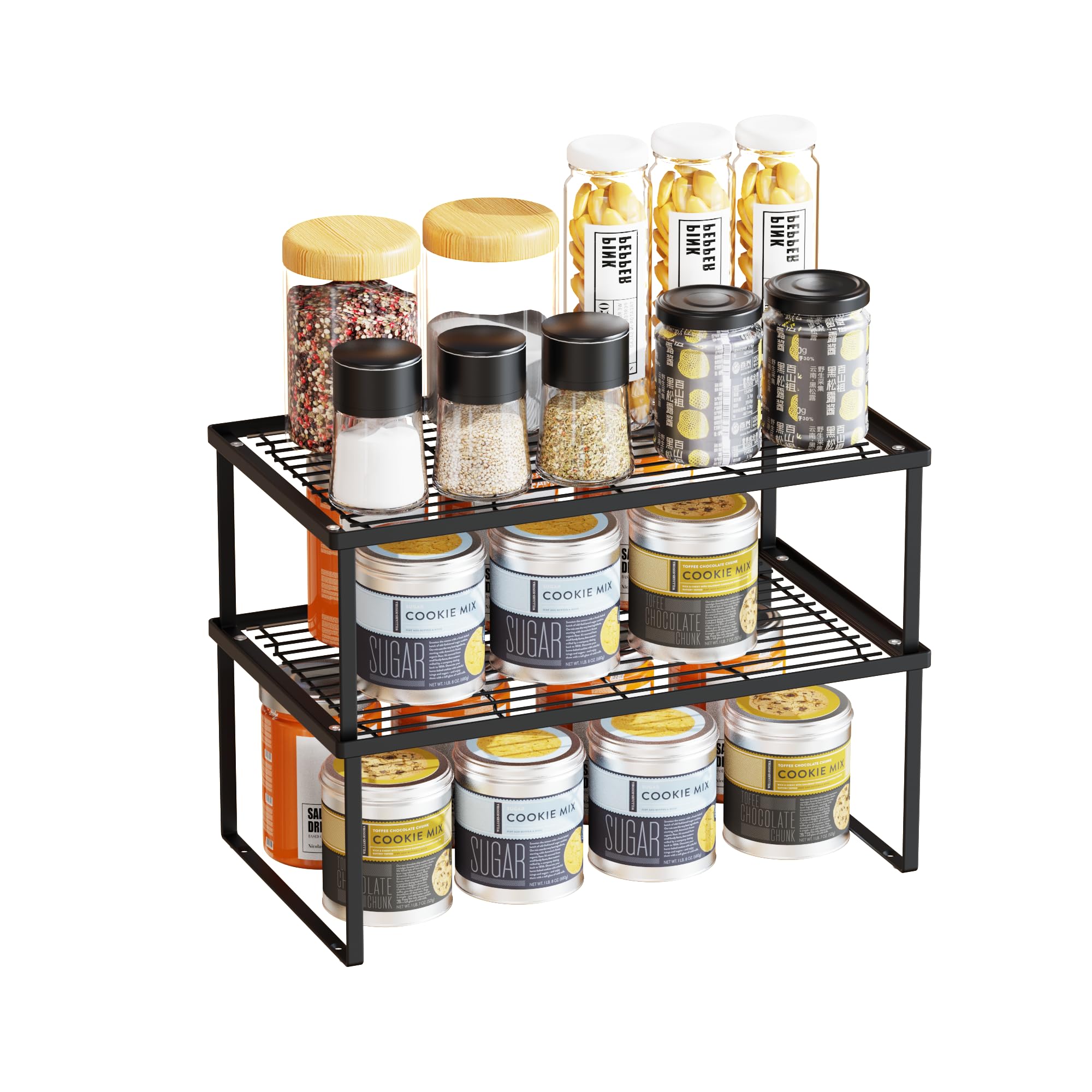 Metal Cabinet Shelves Organizer, Set of 2 Kitchen Counter Shelves, Stackable and Expandable Storage Racks for Cabinet Counter Pantry, Black, 17" L x 10" D x 6.3" H