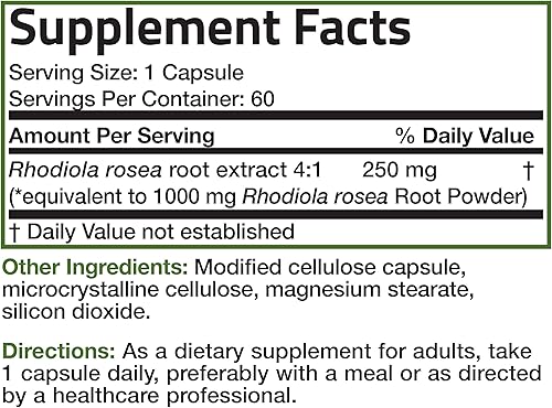 Miniatura 4 de Bronson Rhodiola Rosea Cápsulas vegetarianas  Hierba adaptogénica  Soporte para el cerebro, el estrés y el estado de ánimo, sin OMG, 60 unidades