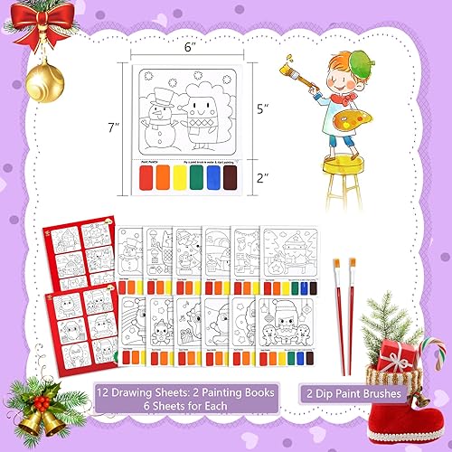 Miniatura 2 de VKPI Libros de actividades para colorear al agua, libros de pintura de acuarela de Navidad para niños, 12 hojas de dibujo sin desorden, con 2