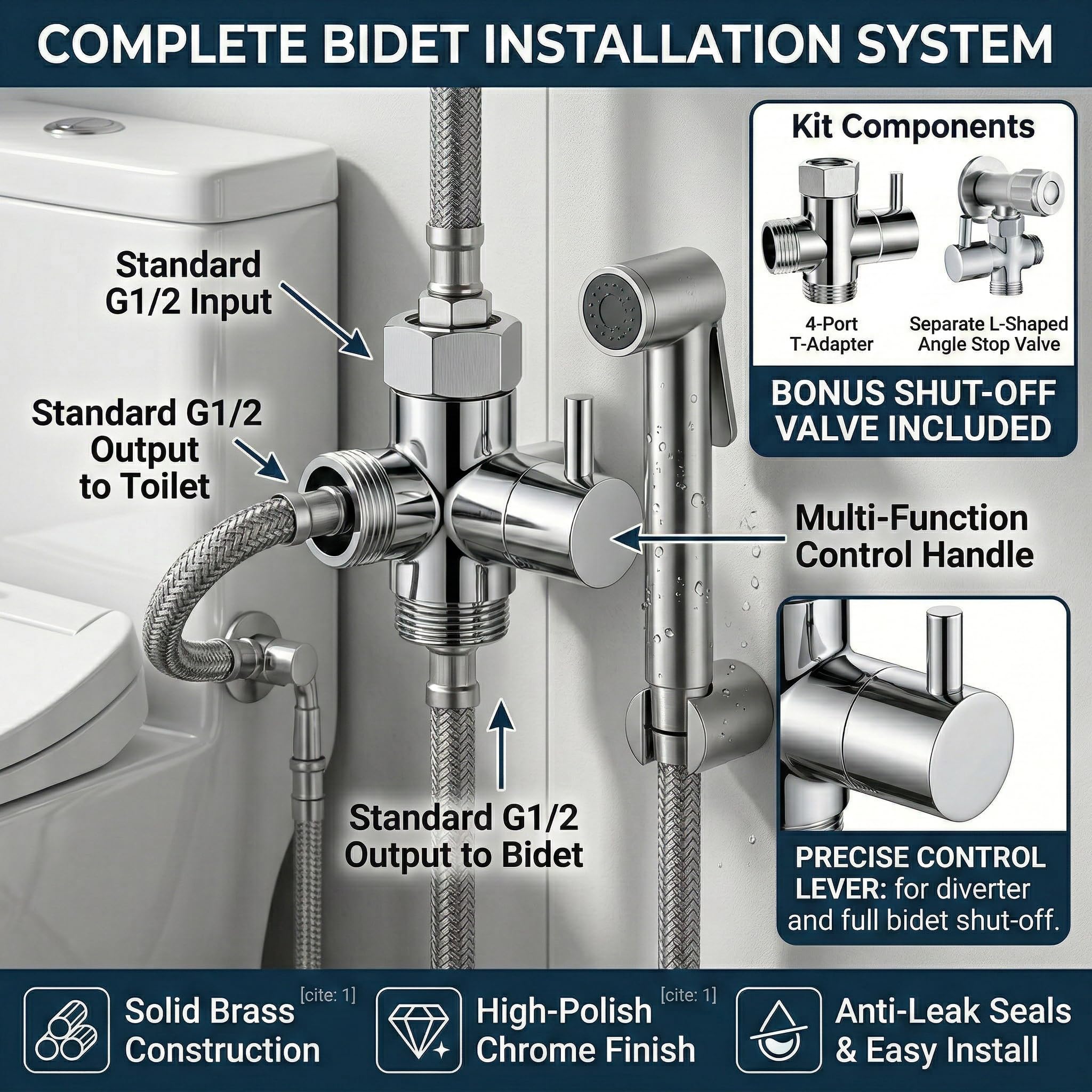 Valvola a 3 Vie per Doccia G1/2" – Deviatore per Rubinetto Facile da Installare – Adattatore per Acqua per Bagno e Cucina