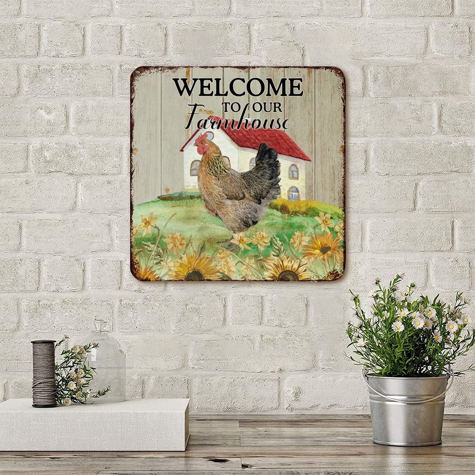 Targa in metallo retrò con scritta in inglese Welcome to Our Farmhouse ( lingua italiana non garantita) e scritta in inglese Welcome to Our Farmhouse (lingua italiana non garantita