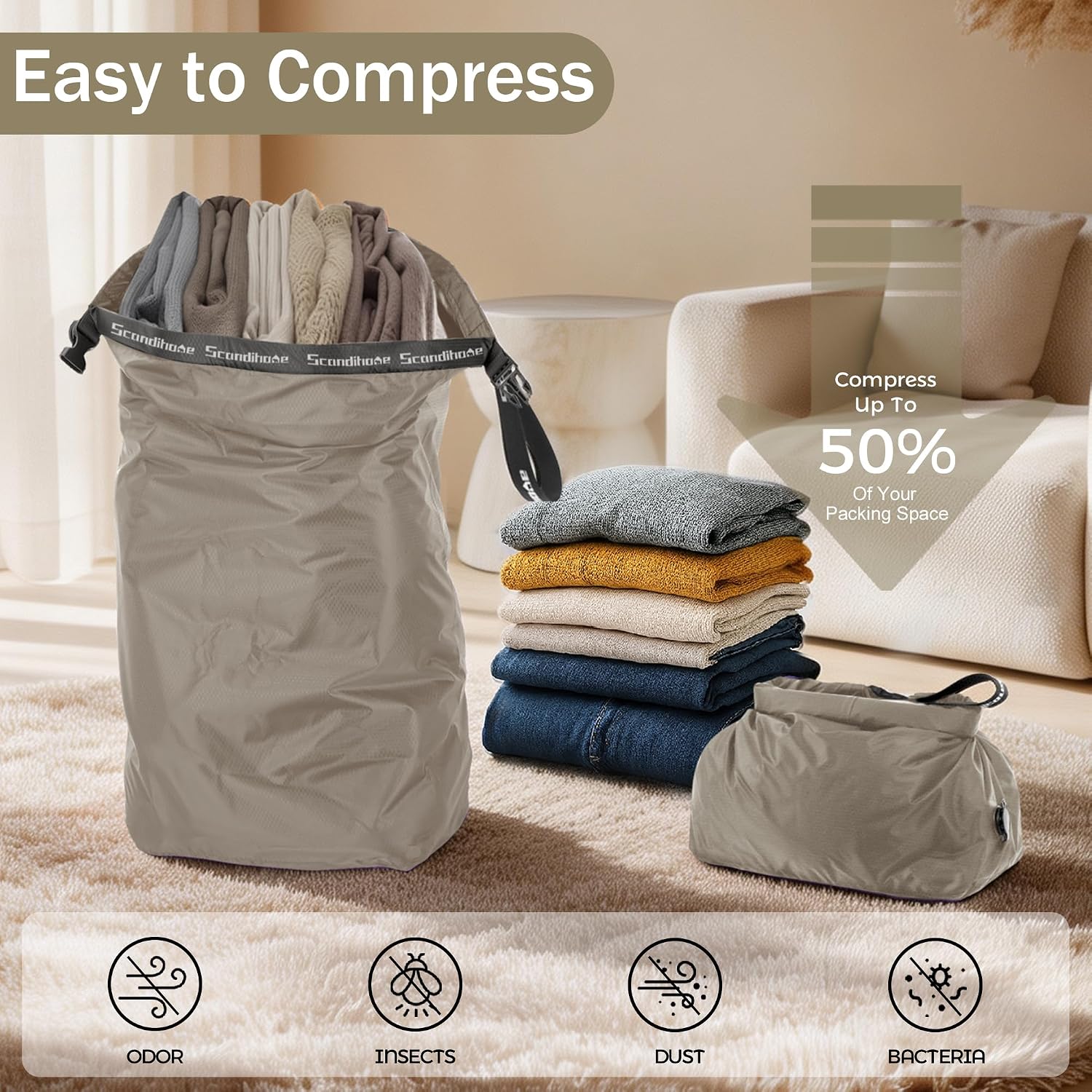 Veki 2Pcs Compression Laundry Bags, Travel Dirty Storage Bags, Sand, L