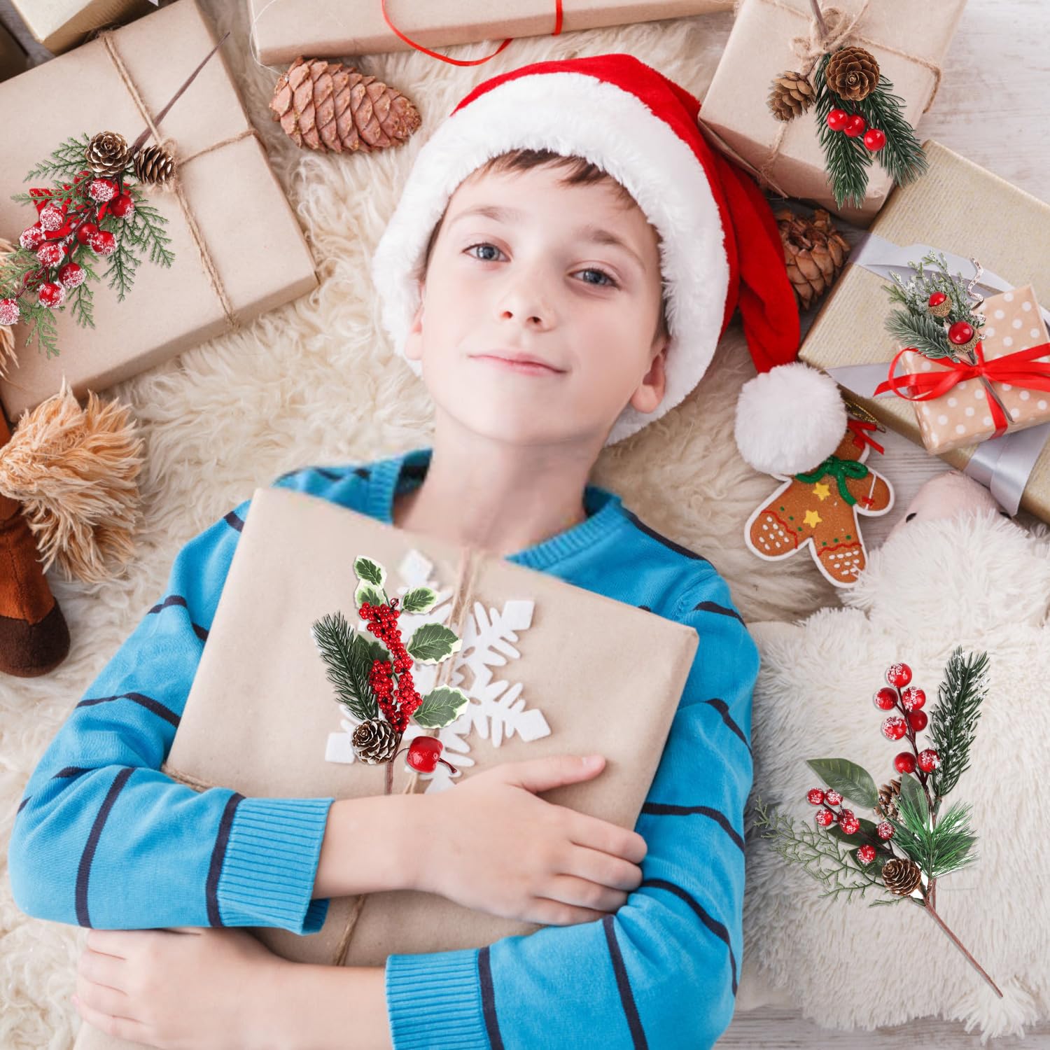 LOMIMOS Künstliche rote Beerenspieße, Tannenzapfen, künstliche Stechpalmenstiele mit Tannenzapfen, unnötige Zweige für Weihnachtsbaumdekoration, Basteln, Kranz, Girlande, Dekoration, 20 Stück