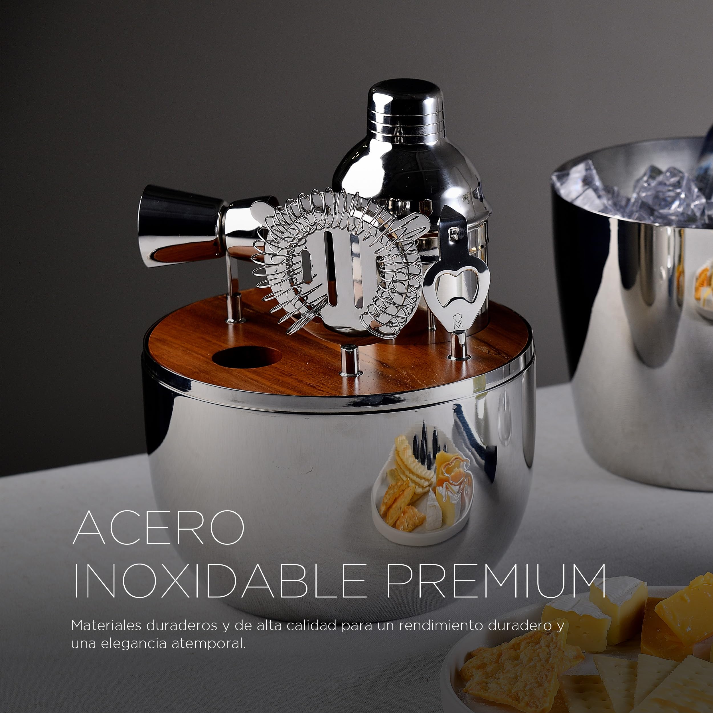 MasterPRO The Drop - Juego de 6 Piezas de Cóctel Acero INOX - Incluye Colador, Abrebotellas, Cuchara Larga, Coctelera, Jigger, Triturador - Elegante y Profesional