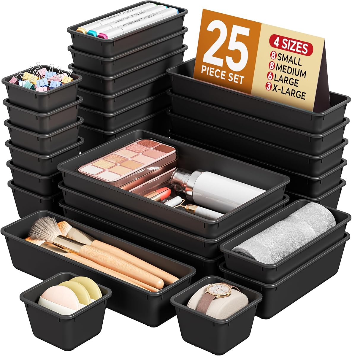 25 PCS Plastic Drawer Organizers Set, 4 Sizes Vanity Organizer | Makeup and Desk Drawer Organizer Trays, Organization and Storage for Makeup, Bathroom, Kitchen Utensils and Office (Black)