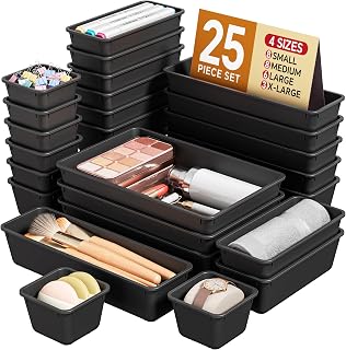 KEMETHY 25 PCS Black Plastic Drawer Organizers Set - 4 Sizes for Makeup, Vanity, Desk, Kitchen & Bathroom Storage