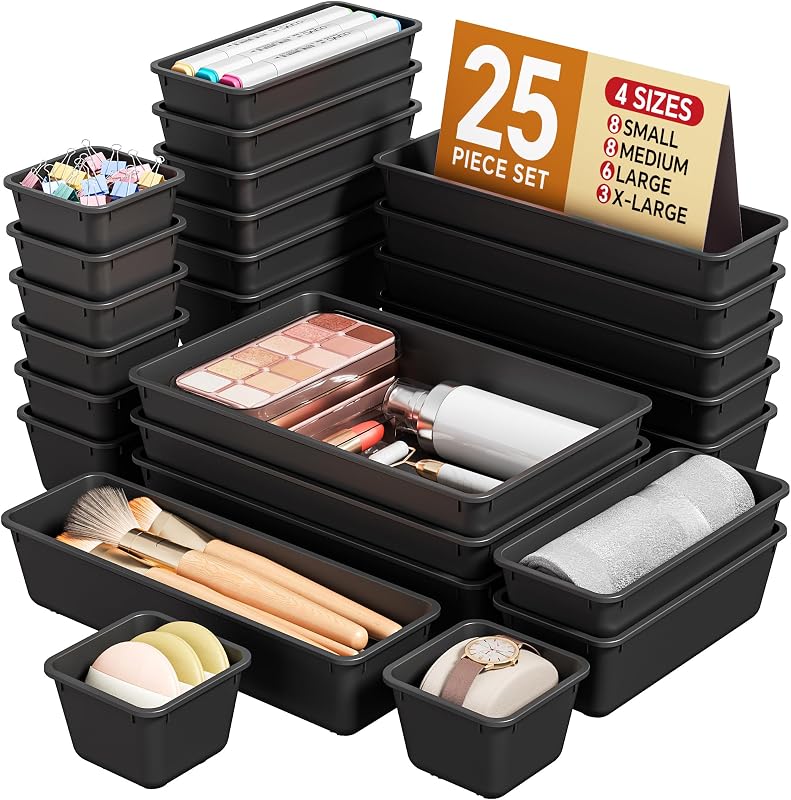 25 PCS Plastic Drawer Organizers Set, 4 Sizes Vanity Organizer | Makeup and Desk Drawer Organizer Trays, Organization and Storage for Makeup, Bathroom, Kitchen Utensils and Office (Black)