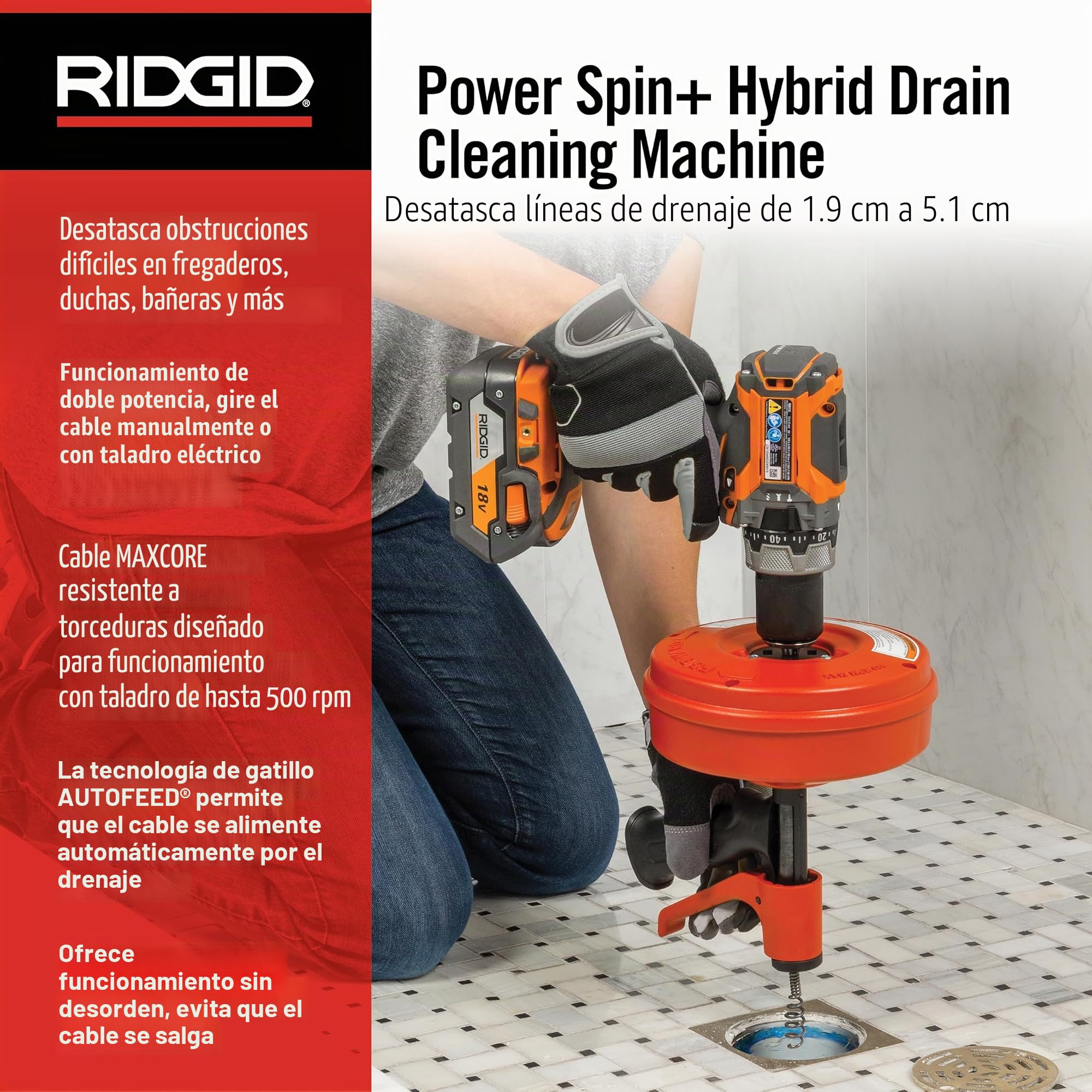 RIDGID 57043 Power Spin con AUTOFEED, Cable limpiador de desagües Maxcore y Cable helicoidal de bombilla para limpieza de desagües para eliminar obstrucciones en desagües