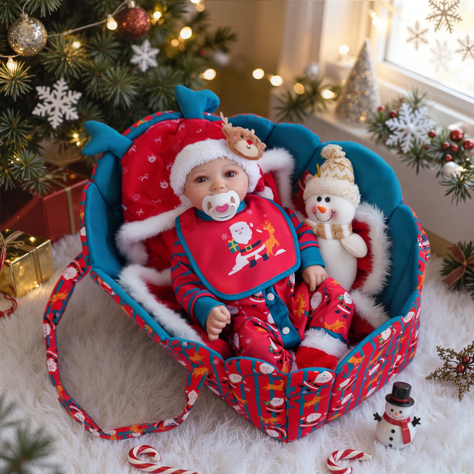BABESIDE 8 Pcs Christmas Reborn Baby Doll Clothes Set with Bassinet for 17–22 Inch Babydolls, Dolls Santa Outfit with Doll Blanket and Baby Dolls Accessories, Ideal Gift for Kids 3+