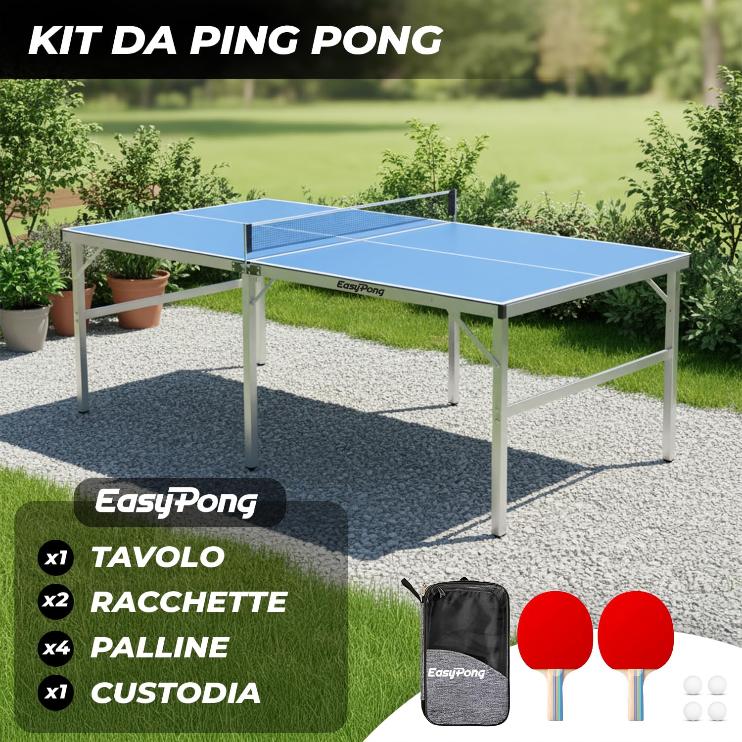 EasyPong | Tavolo da Ping Pong Blu | 182x91cm | qualità Premium | Facile da trasportare | Stabile | Ideale per Esterni e Interni | 2 Racchette + 4 Palline | Tennis da Tavolo | OriginalCup