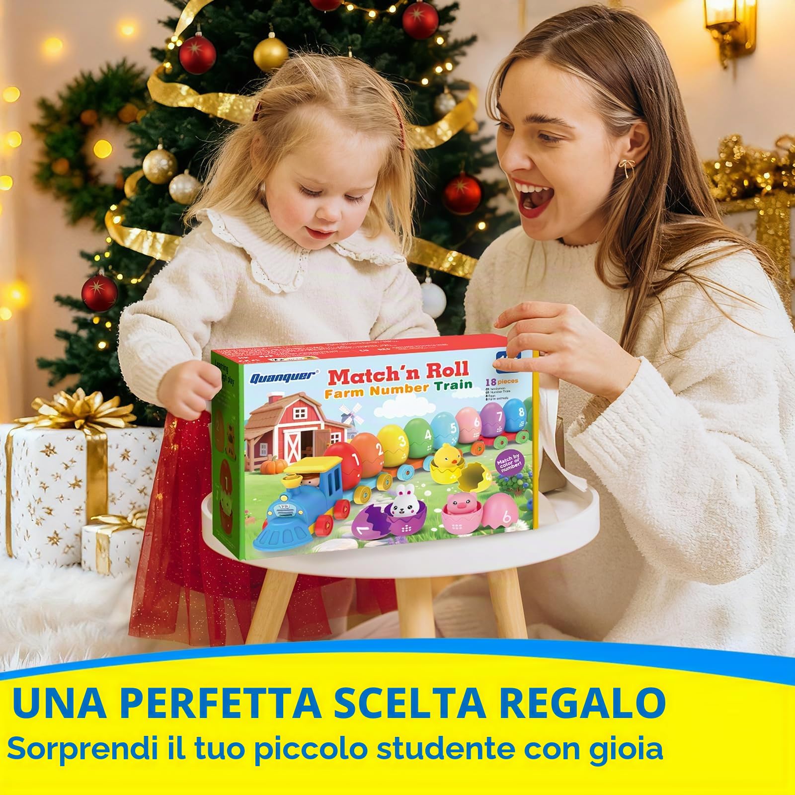 Quanquer Trenino Fattoria per Bambini 18+ Mesi, Giocattolo Educativo Montessori per Contare, Ordinare e Abbinare, Ideale per attività Prescolari e Come Regalo Perfetto di Natale e Compleanno