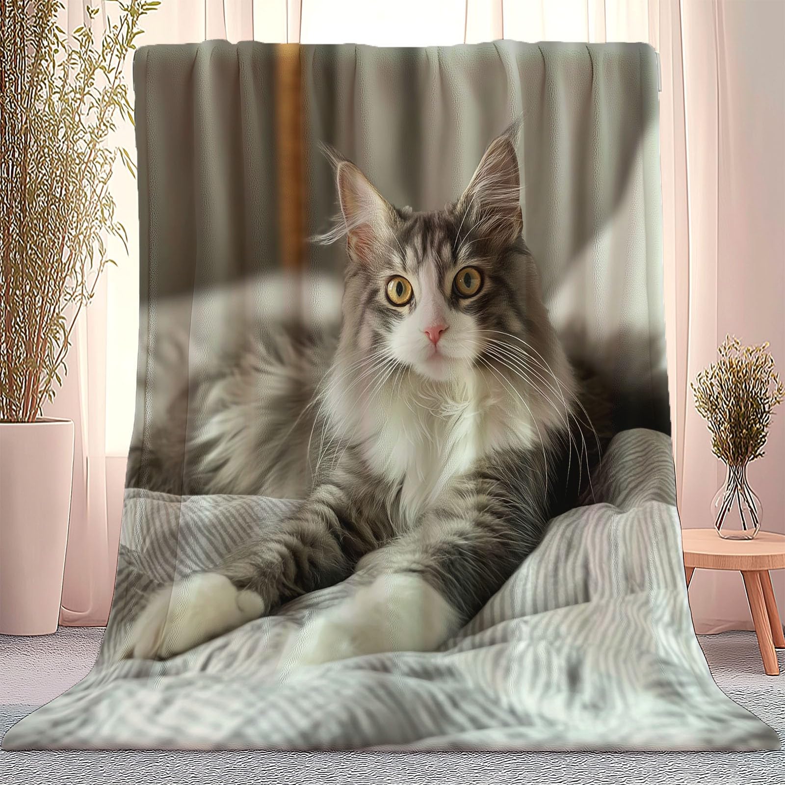 Light Gray Sherpa Fleece Throw Blanket 50" x 60" for Sofa Couch Bed, Animals Maine Coon Photography Pattern Flannel Warm Cozy Blankets for Girls Women