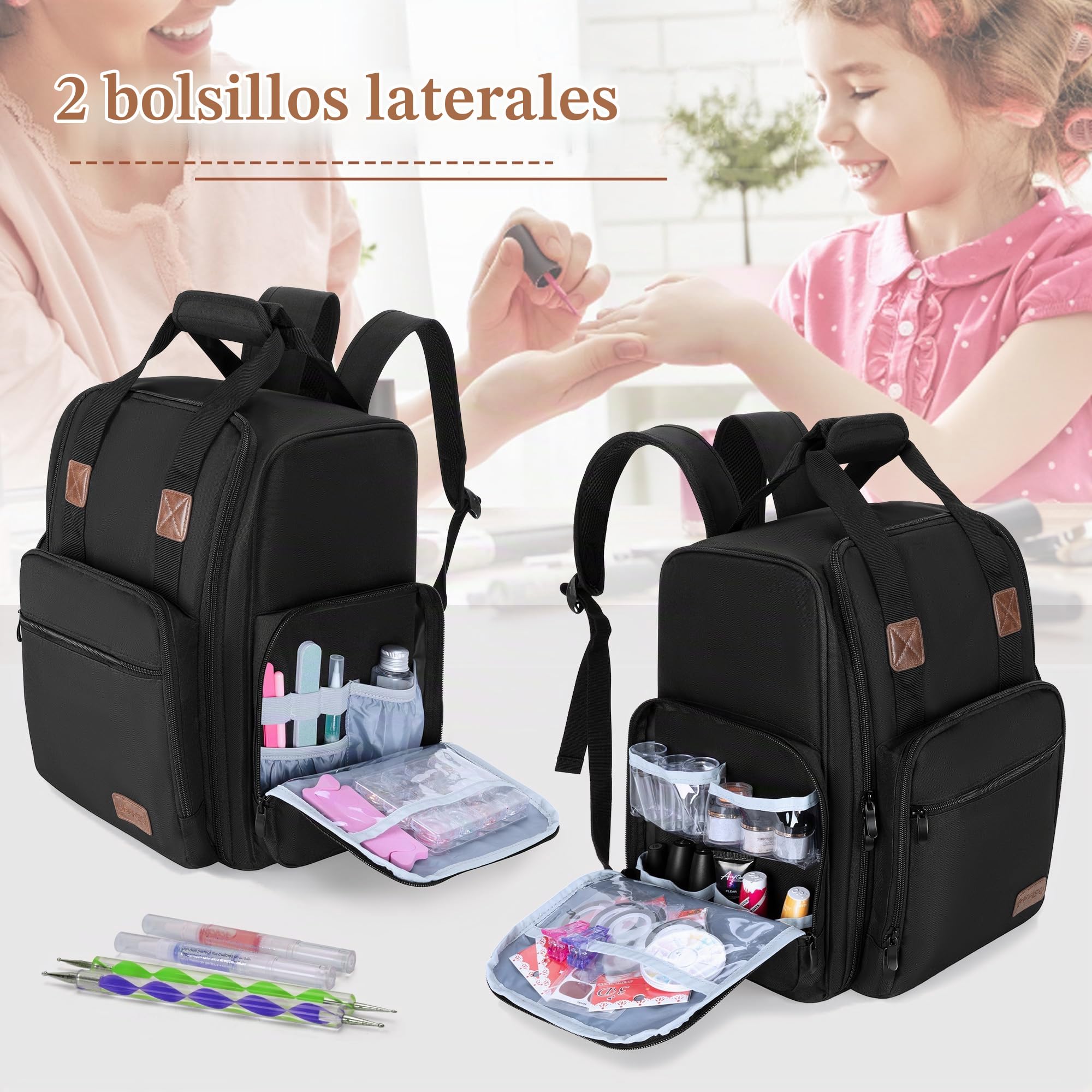BAFASO Mochila Organizadora de Esmaltes de Uñas Sostiene 105 Botellas,Negro | Bolsa para Esmalte de Uñas con 3 Bolsas Extraíbles, Sostiene Lámpara de Uñas, (Solo Bolsa)