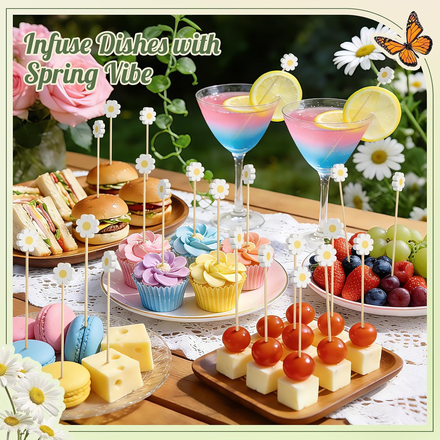 Daisy Cocktail Picks, 4.7 IN Flower Toothpicks for Appetizers, Wooden Skewers Bamboo Sticks for Food Fruit Drinks, Spring Easter Mothers Day Birthday Floral Party Decorations Charcuterie Accessories