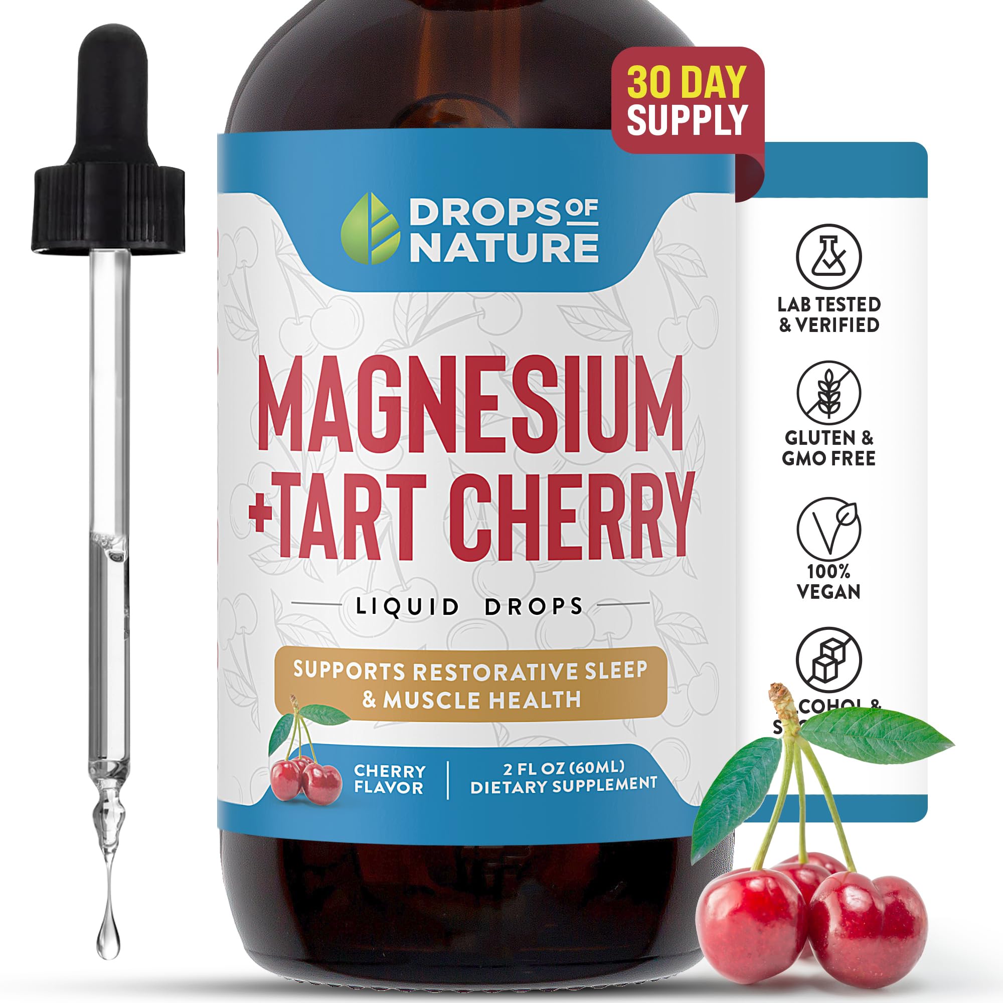 Magnesium and Tart Cherry Liquid Drops - Vegan - Mix with Drinks for Enhanced Cherry Juice Flavor - Magnesium Complex with Tart Cherry Supplement to Support Muscle Health and Relaxation (Cherry, 60mL)