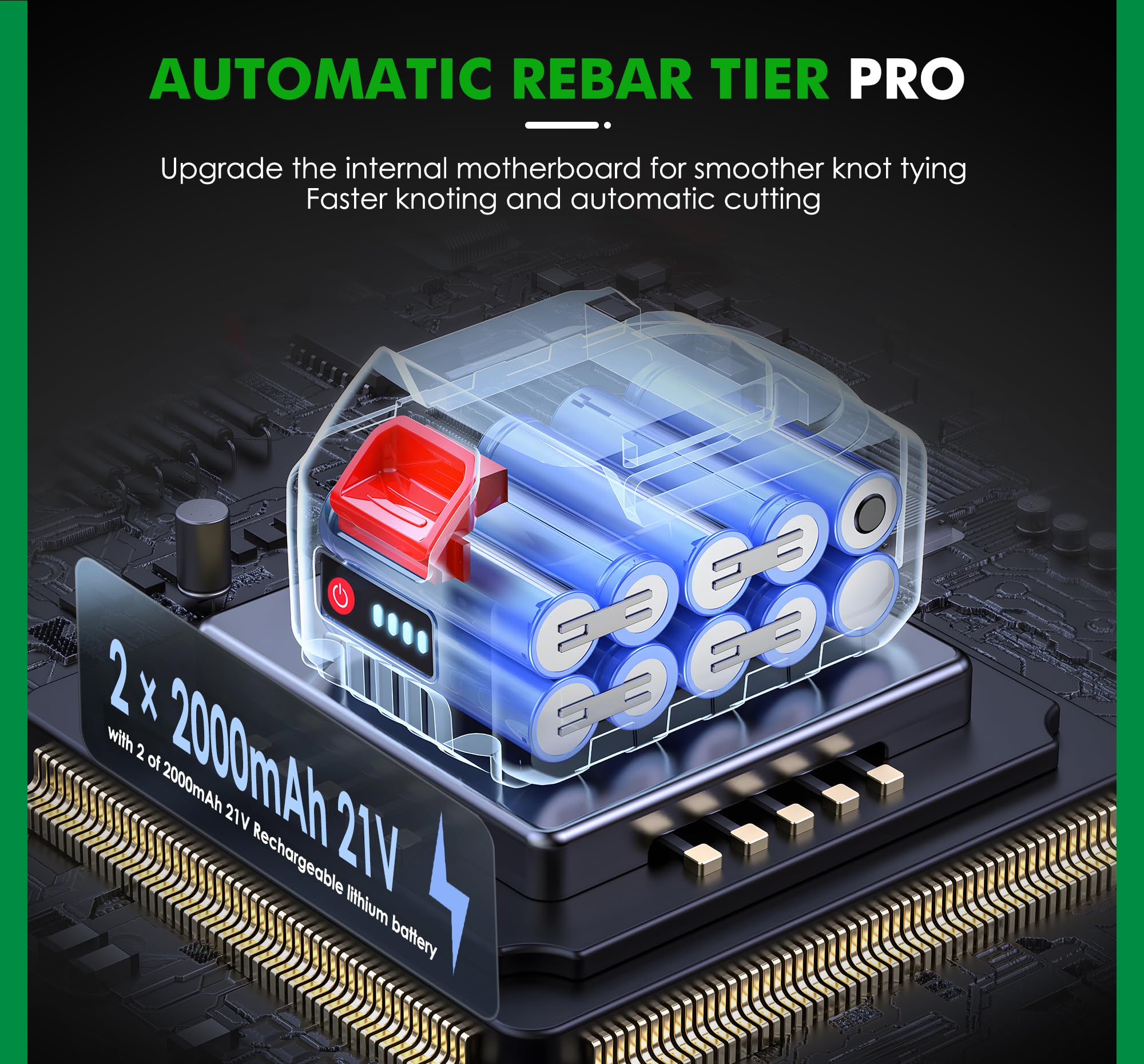 NEWTRY Atadora de Ferralla Automática Profesional de Varillas de Hierro con 2 Baterías de 4000 mAh y Cargador, para Barra de Acero de 0,3'' a 1,33'' (7~34 mm)