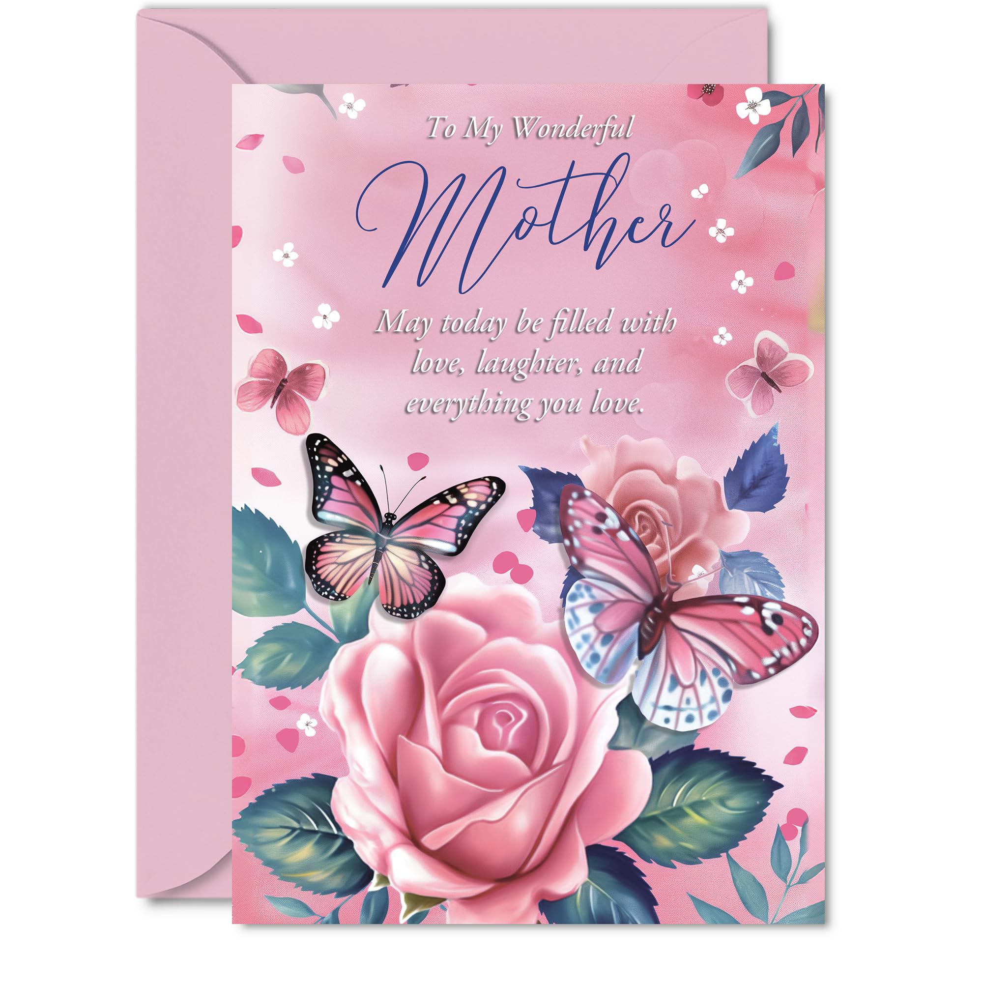 Mother Birthday Card, Pink Rose Butterfly