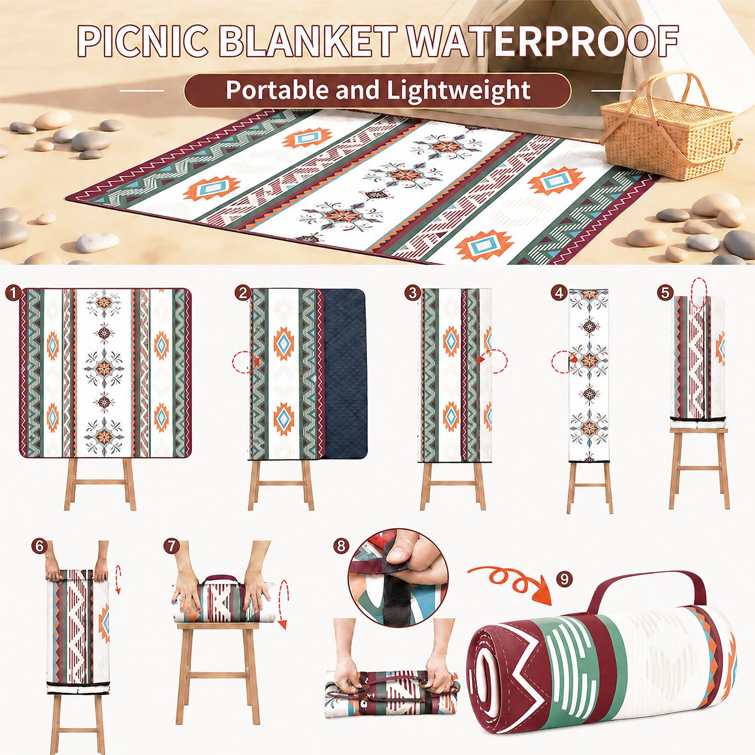 Coperta da picnic impermeabile, 200 x 200 cm, senza sabbia e lavabile, imbottita e portatile, grande per spiaggia, barbecue, escursioni, campeggio, coperta da picnic (Boho)