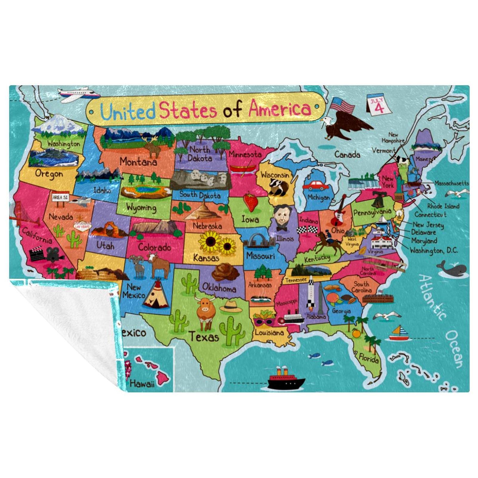 Couverture carte USA 150x100 cm douce et chaude pour lit et canapé